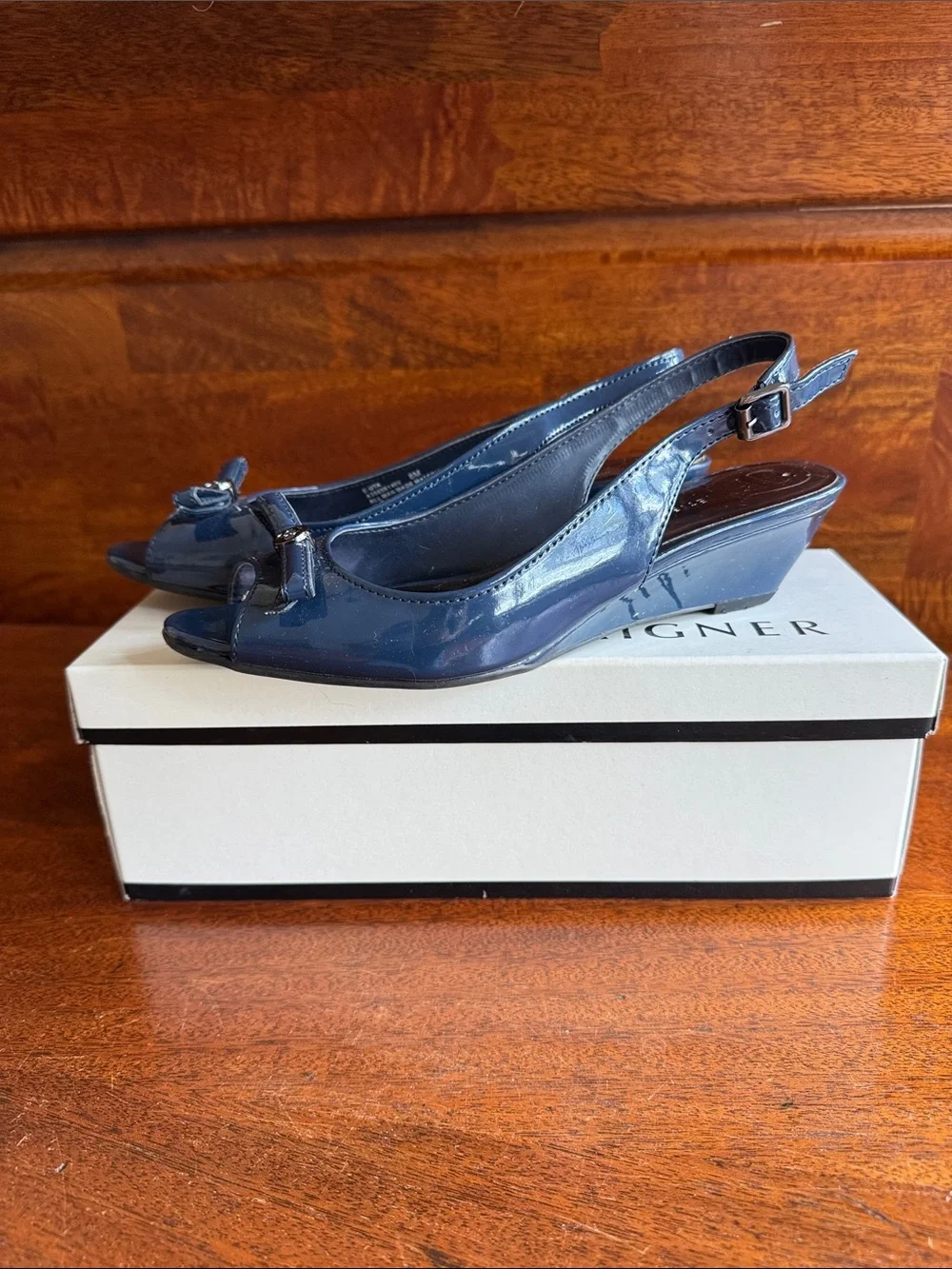 Etienne Aigner Navy Patent Peep-Toe Slingback Wedges with Bow